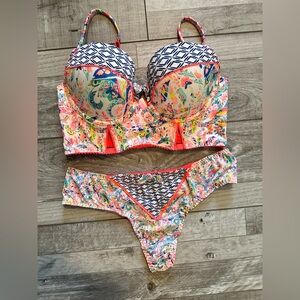 Victoria's Secret 36C Longline Balconet L Thong Set Neon Orange Paisley Bustier